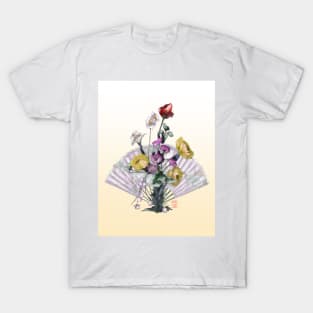 Yellow watercolor peonies and a red rose ikebana with a folding chinese fan T-Shirt